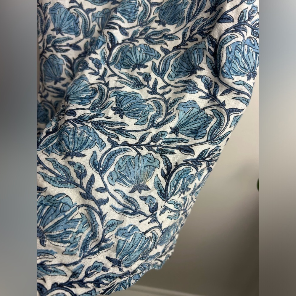 Bella tu Linen Mid dress Blue Floral Boho Embellished Neck Sleeveless Shift Sz M - Picture 11 of 15